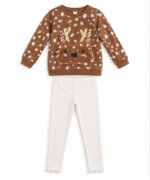 Ensemble pull en molleton marron motif renne / biche et legging blanc - Fille / Bébé