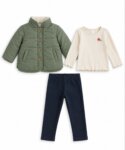 Ensemble 3 pièces veste matelassée vert sauge, t-shirt écru et legging bleu marine - Fille / Bébé