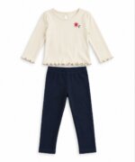 Ensemble 3 pièces veste matelassée vert sauge, t-shirt écru et legging bleu marine - Fille / Bébé - Image 4