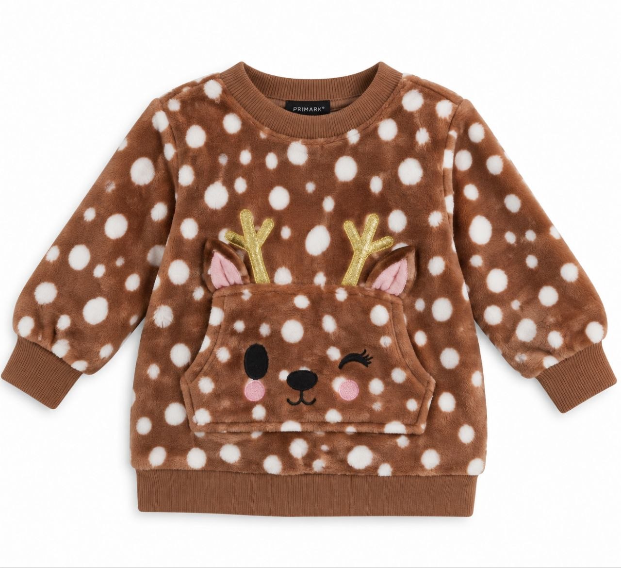 IMAGE 2026-09-14 11:25:21 Sweat Primark Enfant Fausse Fourrure Mousse – Pull Faon / Cerf Marron à Pois Blancs avec Poche Kangourou - Image 1