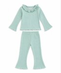 Ensemble Fille 2 Pièces Maille Côtelée Vert D'eau – Top Col Volanté & Pantalon Flare / Évasé