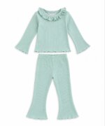 Ensemble Fille 2 Pièces Maille Côtelée Vert D'eau – Top Col Volanté & Pantalon Flare / Évasé