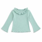 Ensemble Fille 2 Pièces Maille Côtelée Vert D'eau – Top Col Volanté & Pantalon Flare / Évasé - Image 3
