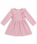 Robe Fille Rose Poudré en Maille Côtelée à Volants – Robe Évasée Manches Longues