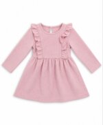 Robe Fille Rose Poudré en Maille Côtelée à Volants – Robe Évasée Manches Longues
