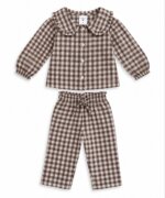 Ensemble Fille 2 Pièces Carreaux Vichy Marron & Blanc – Blouse Col Claude & Pantalon Fluid