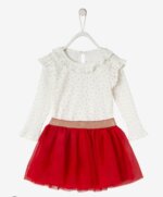 Ensemble Fille 2 Pièces Haut Col Volanté & Jupe en Tulle Rouge – Tenue de Fête Élastiquée - Image 2