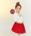 Ensemble Fille 2 Pièces Haut Col Volanté & Jupe en Tulle Rouge – Tenue de Fête Élastiquée