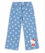 Jean Fille Hello Kitty Bleu Dlavé Imprimé Fleurs – Pantalon Wide Leg Évasé