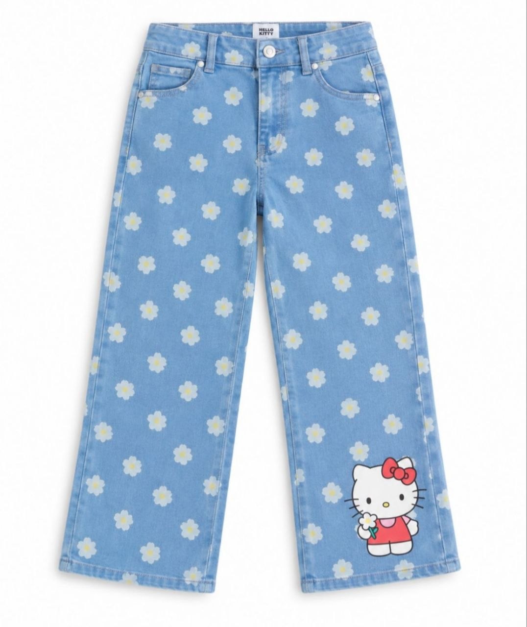 IMAGE 2026-09-17 10:15:01 Jean Fille Hello Kitty Bleu Dlavé Imprimé Fleurs – Pantalon Wide Leg Évasé - Image 1