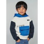 Sweat à Capuche Garçon Tricolore Blanc Bleu Marine – Pull Sportswear avec Poche Cargo Central