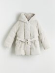 Doudoune Longue Fille Beige Écru à Capuche Doublée Fourrure – Manteau Matelassé Ceinturé