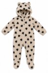 Combinaison Pilote Bébé Moumoute Beige à Cœurs Noirs – Combi Capuche Oreilles Petite Ours