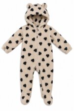 Combinaison Pilote Bébé Moumoute Beige à Cœurs Noirs – Combi Capuche Oreilles Petite Ours