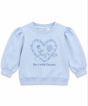 Sweat Fille Bleu Ciel Chiné Imprimé Cœur de Roses – Pull Molleton Manches Bouffantes "Say it with Flowers"