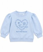 Sweat Fille Bleu Ciel Chiné Imprimé Cœur de Roses – Pull Molleton Manches Bouffantes "Say it with Flowers"