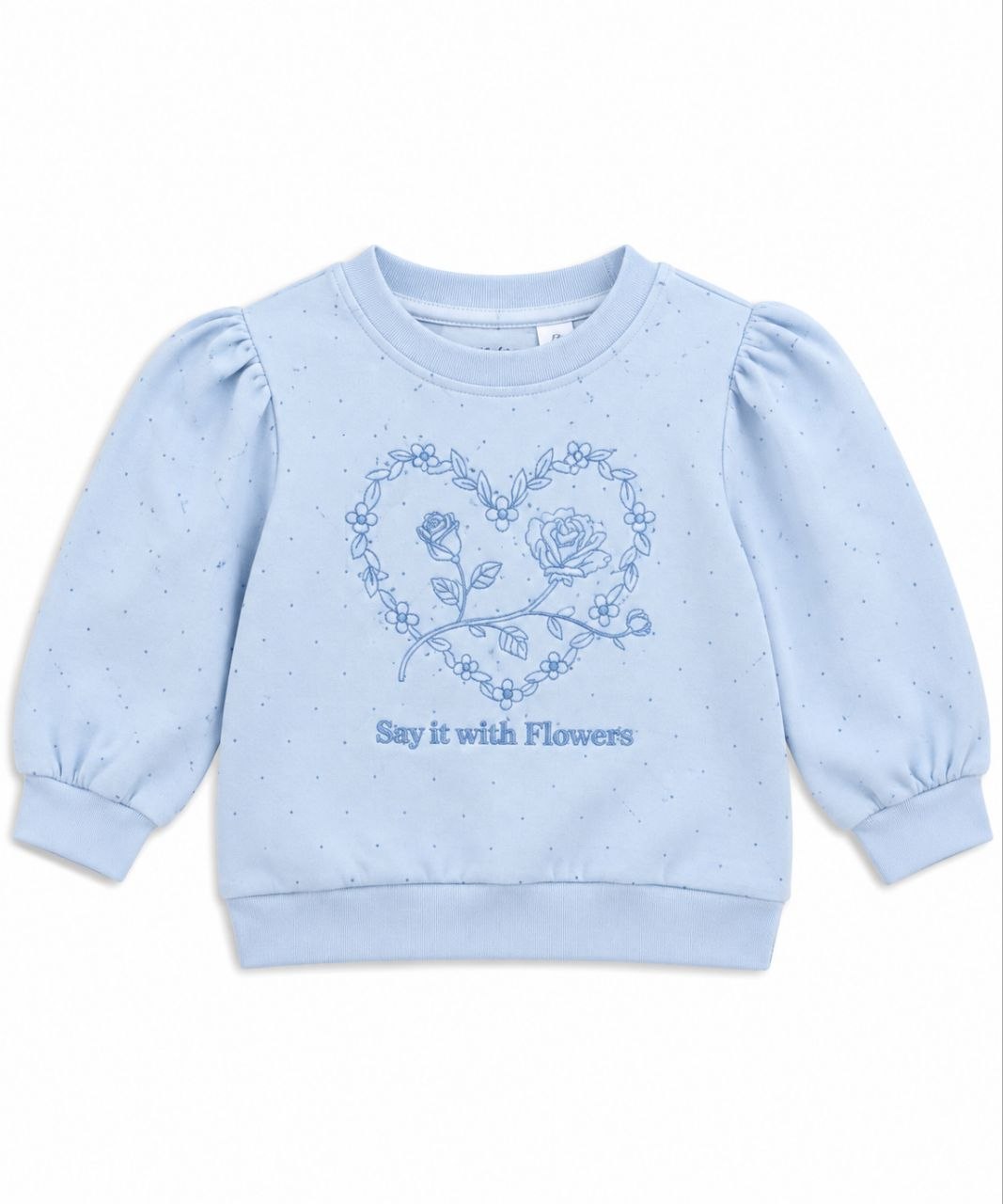 IMAGE 2026-09-17 12:15:35 Sweat Fille Bleu Ciel Chiné Imprimé Cœur de Roses – Pull Molleton Manches Bouffantes "Say it with Flowers" - Image 1
