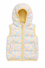 Doudoune Sans Manches Fille Pastels à Fleurs – Gilet Matelassé Capuche Doublée Jaune Beurre