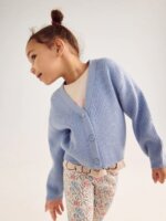Gilet Cardigan Fille Bleu Ciel en Maille Côtelée – Pull Boutonné Encolure V Tendance