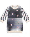 Robe Pull Fille Rayée Marine & Ecru Imprimé Fleurie – Robe en Maille Marinière Chic