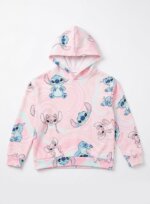Sweat à Capuche Enfant Stitch Disney Imprimé All-Over – Hoodie Molleton Doux Pastel (Violet Lilas & Rose Poudré)