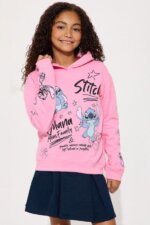 Sweat à Capuche Fille Disney Stitch Rose Poudré – Hoodie Molleton "Ohana Means Family"