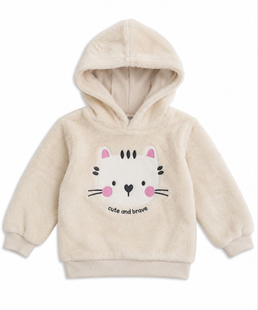 IMAGE 2026-09-20 12:10:26 Sweat à capuche en moumoute écru motif chat "cute and brave" - Fille / Bébé - Image 1