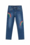 Jean droit bleu à broderies arcs-en-ciel - Fille / Enfant
