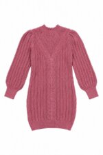 Robe pull en maille tricot rose poudré à torsades - Fille / Enfant
