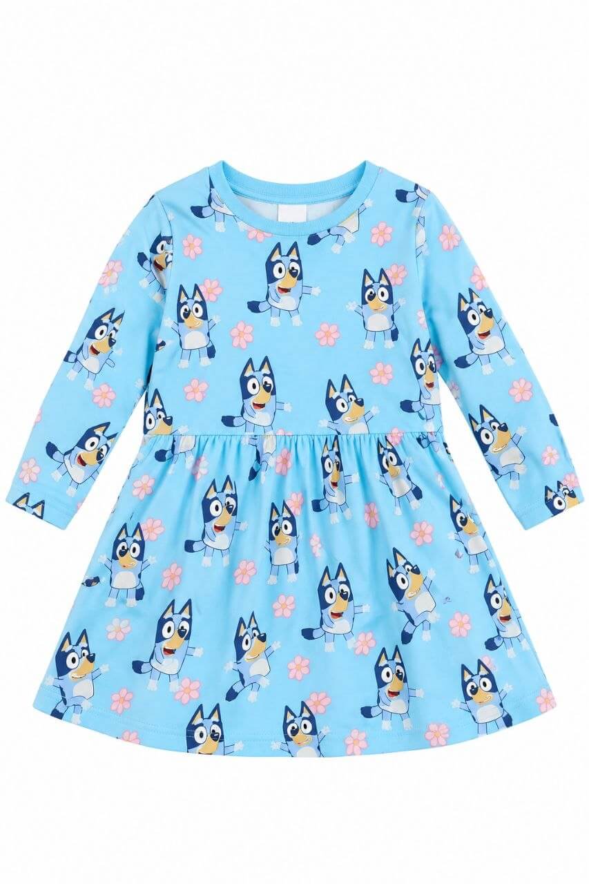 IMAGE 2026-10-03 13:06:47 Robe Bluey bleu ciel imprimée fleurs et personnage - Fille / Enfant / Bébé - Image 1