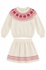 Ensemble tricot Primark pull & jupe jacquard de Noël écru / rouge - Fille / Enfant