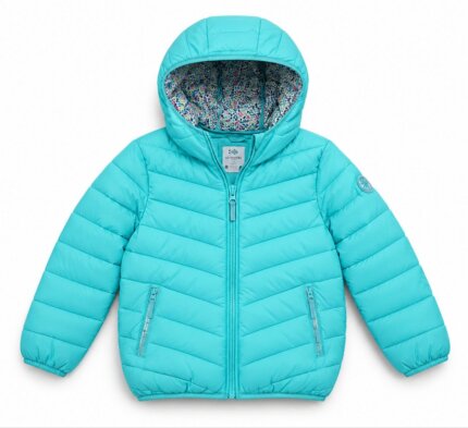 Doudoune Capuche Fille Bleu Turquoise – Manteau Matelassé Chaud à Doublure Fleurie