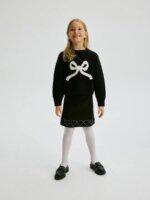 Pull Fille Noir avec Nœud Écru – Maille Élégante