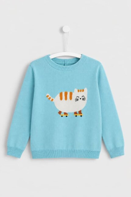 Pull  "Jacadi" Bleu Ciel avec Motif Chat