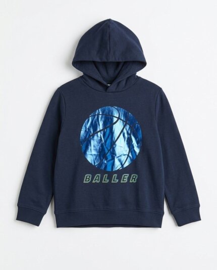 Sweat à Capuche Garçon Bleu Marine Imprimé Basketball